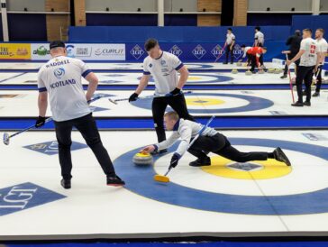 Scottish skip Ross Whyte delivers a stone during a game against the United States at the 2026 World Men's Curling Championship on Saturday, March 28, 2026, in Ogden, Utah. (Ryan Olson, Standard-Examiner)
